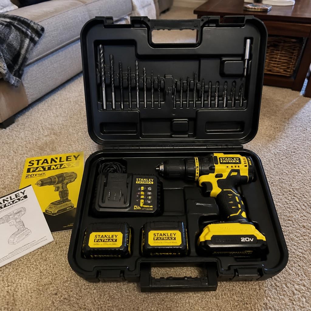 Stanley 20V Cordless Drill Kit unboxed at a customer's home, showing the case, batteries, charger and bit set